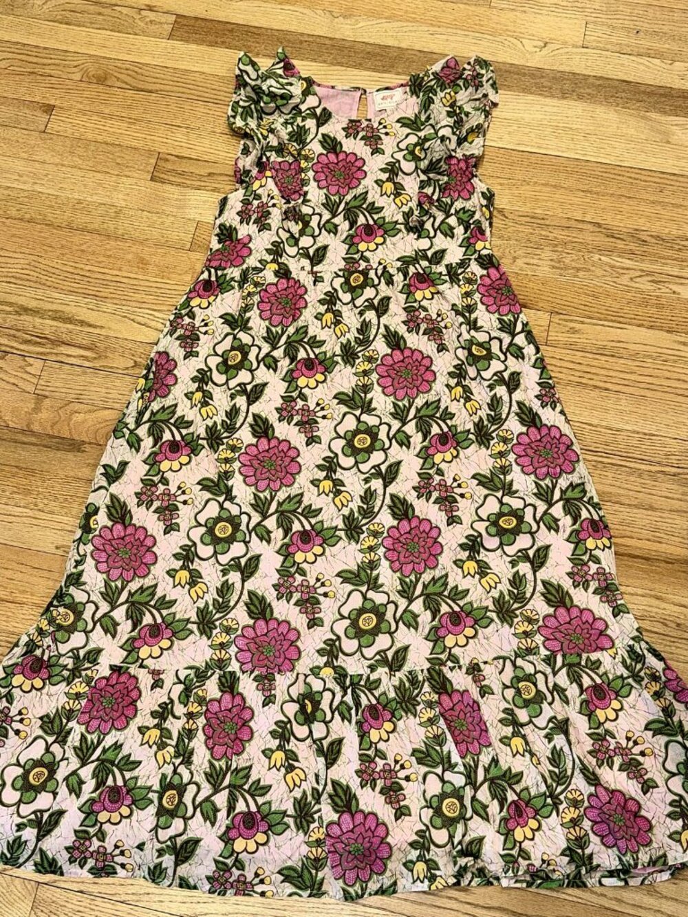 Banjanan Pink Green Floral Cotton Ruffle Sleeve Midi Dress M
